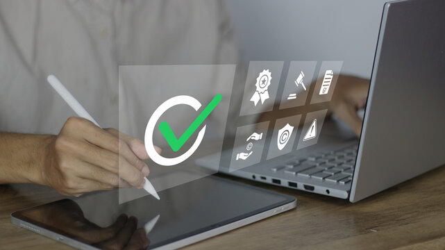 digital document approval. This image showcases a professional using a stylus for secure verification, ensuring legal compliance and quality control in a digital space