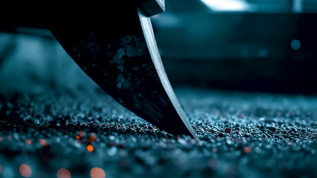 Sharp metal blade cutting across rough asphalt surface with sparks and grit, intense industrial action scene showing precision force and durability