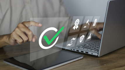 Secure your creative work with digital IP protection. This image features a professional managing copyright, trademark registration, and legal compliance through an advanced verification interface © denis
