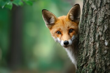Fototapeta premium Curious fox watching from forest shadows