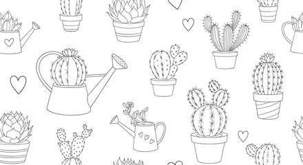 Seamless pattern of hand drawn line art cacti and succulents in pots and watering cans interspersed with small hearts on a white background.