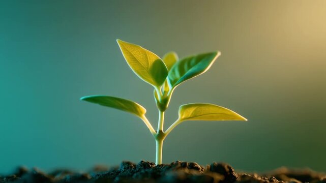 A timelapse sequence of a small green plant growing in soil from a low-angle viewpoint
