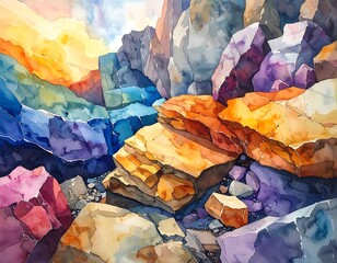 Watercolor landscape with colorful rocks stacked near each other, depicting a scene of natural stone formations