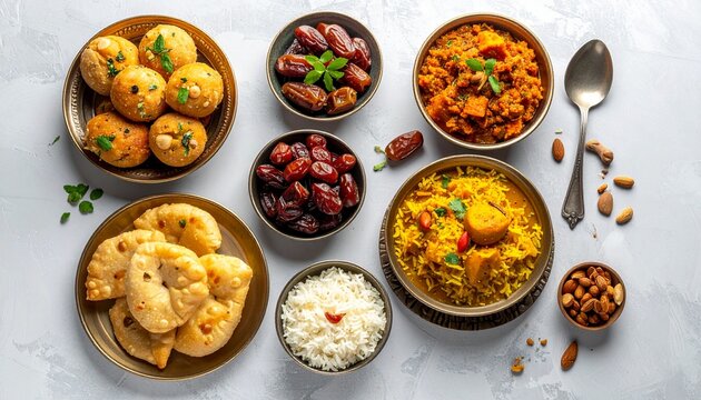 Traditional Bangladeshi Ramadan Food Variety including Dates and Deep Fried Appetizers for Breaking the Fast