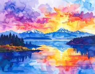 Watercolor landscape with mountains reflecting in a lake beneath a colorful, bright sunset sky
