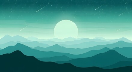 Fototapeta premium Serene mountain landscape with a glowing moon and starry night sky