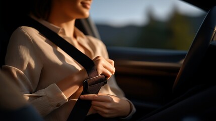 A hand fastening a safety belt securely inside a vehicle, highlighting the importance of passenger safety and responsible driving practices in modern car interiors designed for comfort and