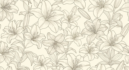 Obraz premium Intricate black and white line art pattern of blooming lily flowers buds and leaves for creative coloring or decorative background designs.