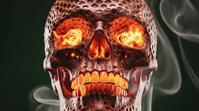 A skull with fiery eyes and mouth aglow, surrounded by smoke, conveying a sense of burning passion and intensity