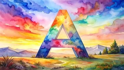 Watercolor letter A over landscape, painted in rainbow colors with a beautiful sky and mountain backdrop