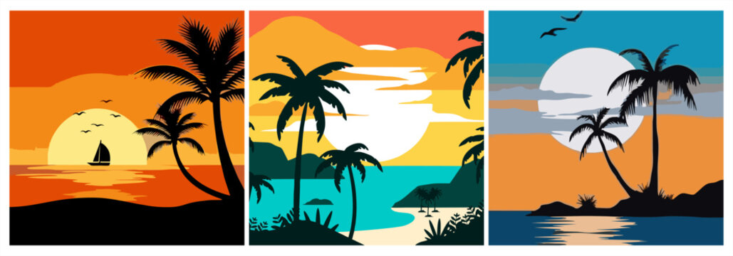 DescriptionSet of three tropical sunset landscapes. Flat design illustrations of silhouettes of palm trees on a beach with a vibrant sun and ocean reflections. Vector.