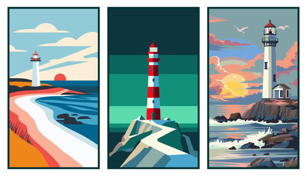 Set of three minimalist lighthouse posters at sunset and night. Modern flat design maritime landscapes with coastal beacons and ocean waves. Vector.