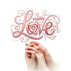 Hands holding with love text and heart design for valentines day, romantic gesture