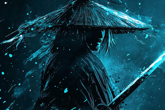 dark cinematic digital illustration of a mysterious samurai warrior, face hidden in shadow