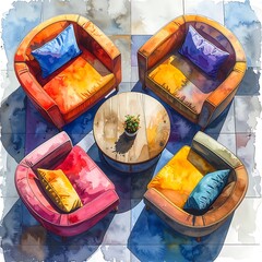 Watercolor lounge scene showing four colorful chairs around a small table on a tiled floor, viewed from above