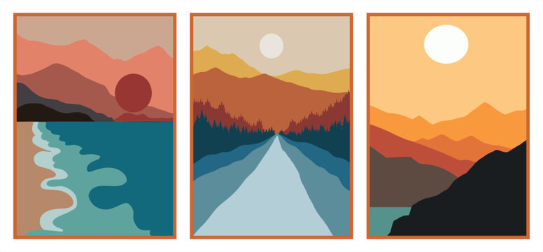 Set of three minimalist mountain and lake landscapes. Modern boho posters with sunset scenery in earthy terracotta and teal tones. Vector