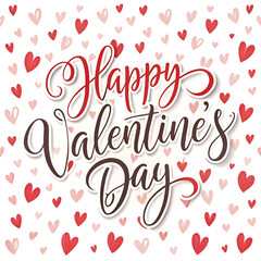 Happy Valentine's Day graphic with scattered hearts in red and pink. Text graphic for romantic holiday greeting card design.