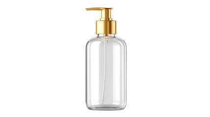 A transparent glass bottle of luxury perfume and a liquid soap dispenser are isolated on a white background, showcasing elegant cosmetic hygiene containers for fragrance and beauty care