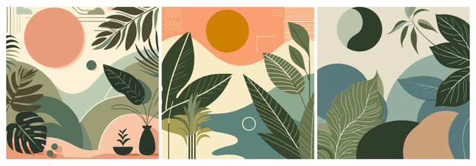 Set of three abstract tropical botanical posters. Modern minimalist landscapes with exotic leaves, sun, and organic shapes. Vector © hadi