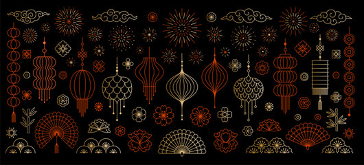 Chinese New Year decorative set of traditional hanging lanterns, xiangyun clouds, fireworks, fans, bamboo plants, peony, sakura flowers. East asian line art vector illustration lunar festival design © shevalierart