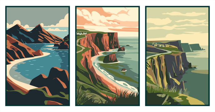 Set of three vintage coastal landscapes with cliffs and ocean views. Retro travel posters of seaside mountain scenery. Vector