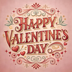 Vintage Valentine's Day greeting card design with ornate lettering and illustrations. Romantic and decorative text display.