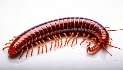 Close-up of a red centipede crawling on a white surface.