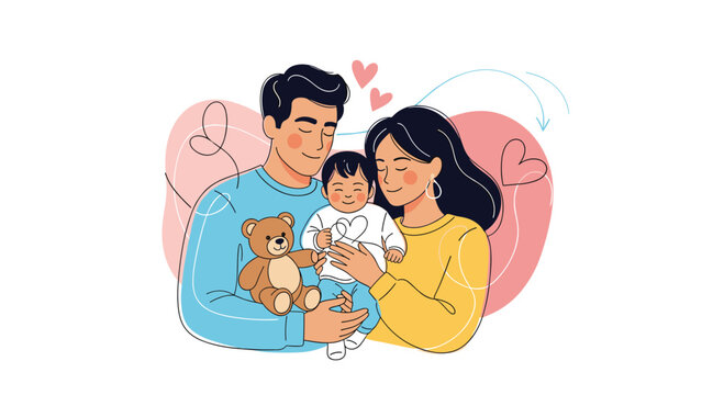 Portrait of a happy young family with a father holding a teddy bear, a mother, and a smiling baby boy surrounded by decorative hearts.