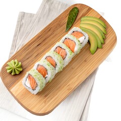 Fresh sushi roll (salmon avocado) on a wooden board, overhead view, isolated on white background