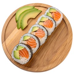 Fresh sushi roll (salmon avocado) on a wooden board, overhead view, isolated on white background