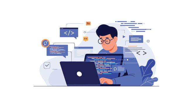 Focused software developer working on complex programming code using a laptop with multiple floating digital interface windows.