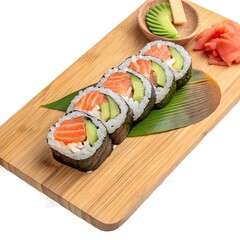 Fresh sushi roll (salmon avocado) on a wooden board, overhead view, isolated on white background