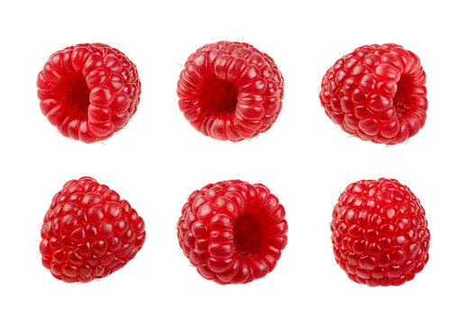 Set of fresh raspberries isolated on transparent background, six organic red berries