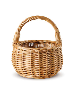 Wicker basket with handle Isolated on transparent background, handmade rustic storage container