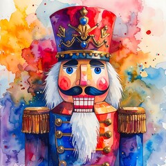 Watercolor nutcracker with ornate hat & colorful background. Traditional holiday figurine