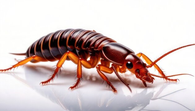 Close-up of an Earwig Insect on a White Surface.