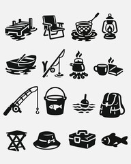 Fishing and Camping Icon Set Vector Silhouette Collection © Ghaghah24