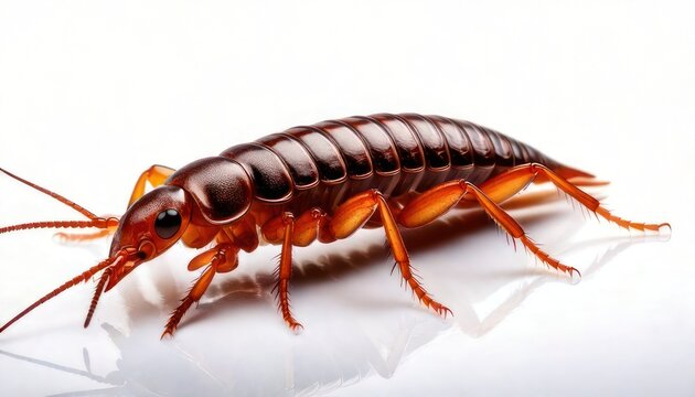 Close-up of an earwig insect with pincers on white background.