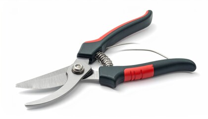 Close-up of garden shears with red and black handles on white background.
