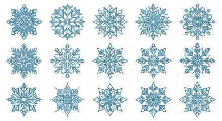 Collection of various blue snowflakes on for winter designs