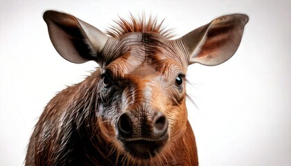 Close-up Portrait of an Okapi Against a White Background.