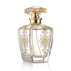 Glass perfume bottle with gold cap, elegant, luxury, isolated on white background