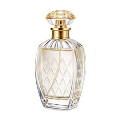 Glass perfume bottle with gold cap, elegant, luxury, isolated on white background