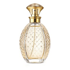 Glass perfume bottle with gold cap, elegant, luxury, isolated on white background