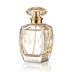 Glass perfume bottle with gold cap, elegant, luxury, isolated on white background