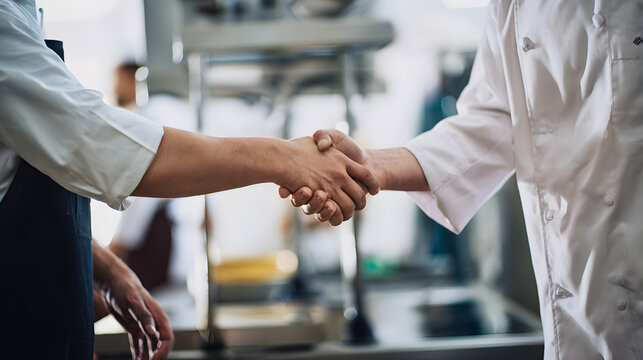 Chefs shake hands in a busy kitchen setting during a culinary collaboration or partnership