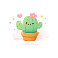 Cute Cactus Illustration With Smiling Face And Flower In Pot. Kawaii Cactus Plant Cartoon Icon For Home Decor And Gardening Concept