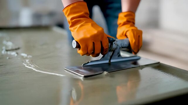Professional cleaner using squeegee on wet glass surface with orange gloves, precise indoor maintenance work and spotless hygiene results