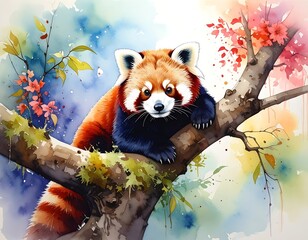 Watercolor of a red panda resting on a mossy tree branch, surrounded by colorful foliage