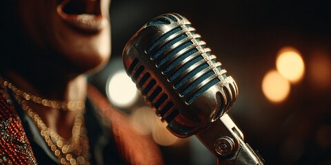 vintage microphone performer close-up in nightclub atmosphere